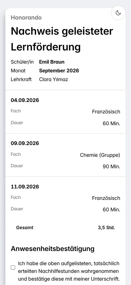 Unterschriftsseite für Eltern am Handy