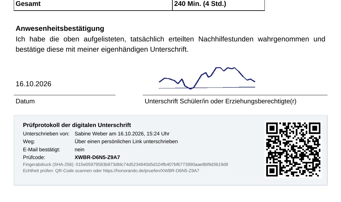 Prüfprotokoll mit Prüfcode und QR-Code unten auf einem Lernförderungsnachweis